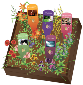 A wooden table topped with flowers and six cell phones.