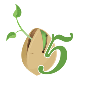 A picture of the number 5 with an avocado and plant.