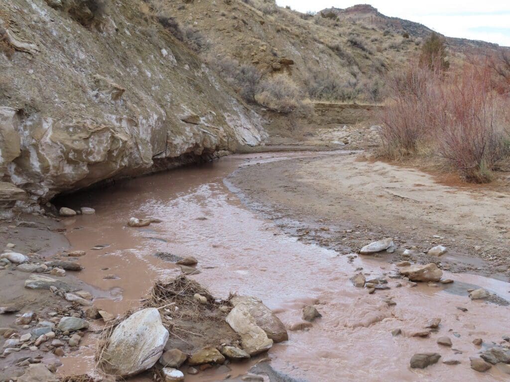 A muddy river running through the middle of a desert.